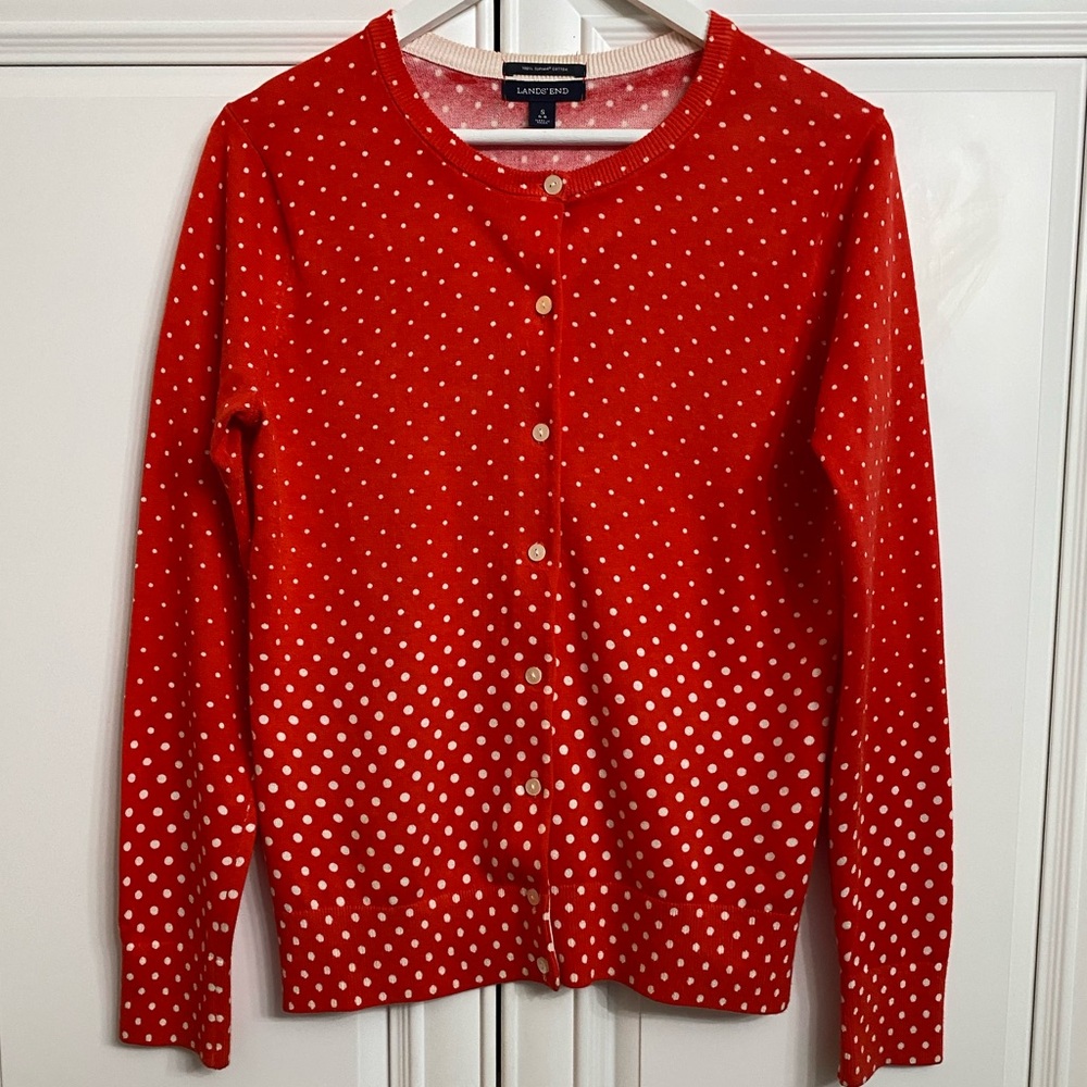 Lands' End Women’s Sz Small Red + White Polka Dot Button Down Cardigan Sweater